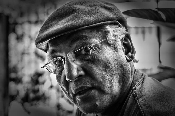 asian old man hat glasses black white