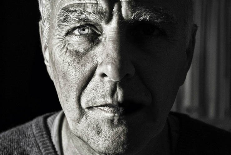 expression man old weird black white eye