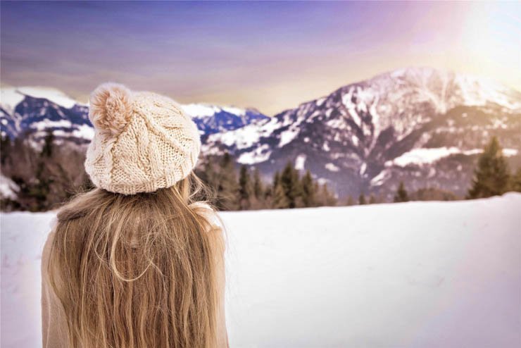 girl lady back snow mountain icecap sun sky natural woman