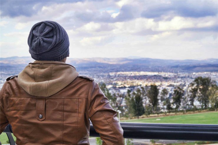 hat back man look nature sky leather jacket