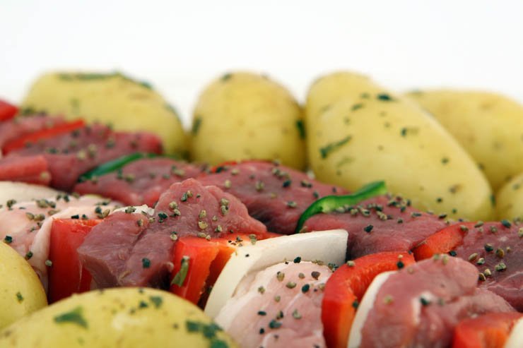 meat beef cook cooking food raw vegetables vegetable shish kebab