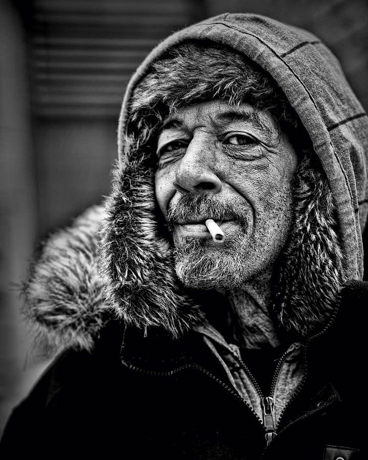 old man men homeless street black white smoke smoking cigarette