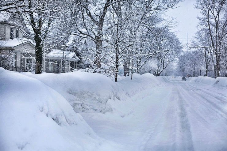 snow coverd home house road tree winter snowy