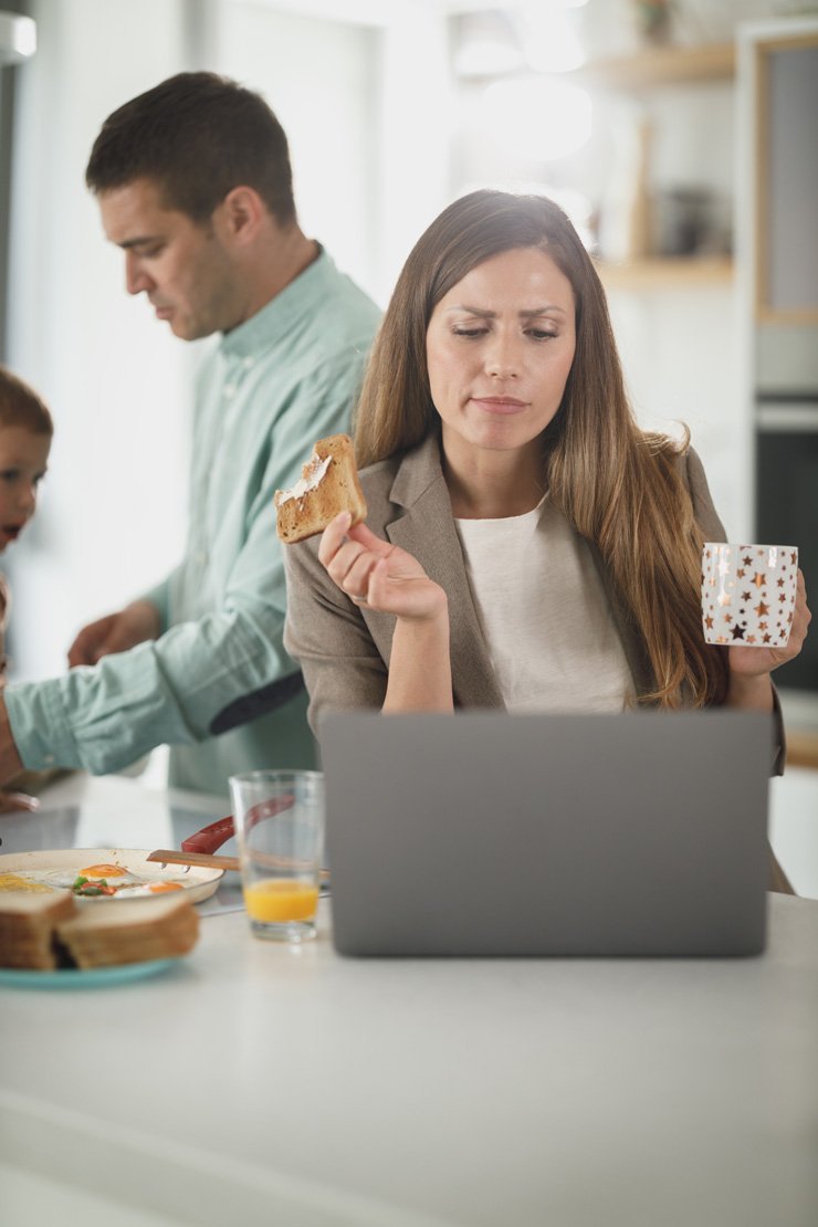 business finance formal job work employee working home eating boss remote kitchen women women coffee boss manager family