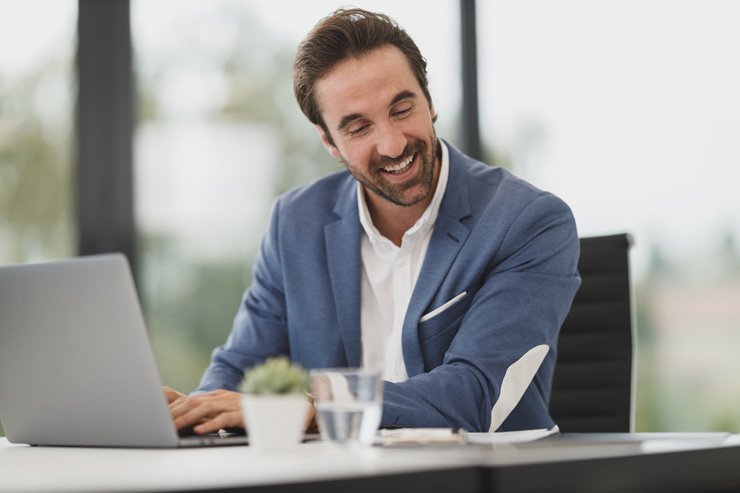 business finance formal job work employee working smile happy boss desk office manager laptop