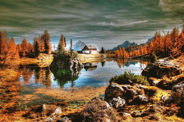 fall autumn nature house lake mountains nature landscape background rocks stones