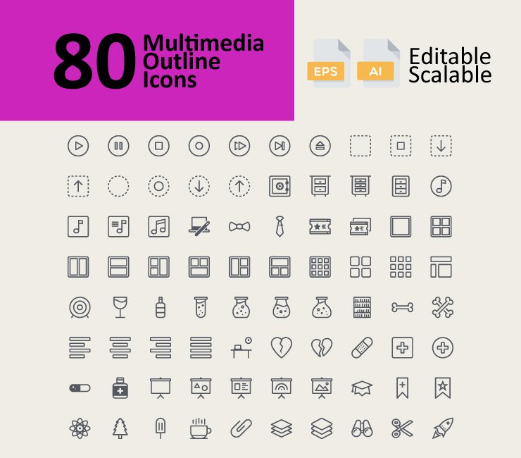 80 Multimedia Outline Icons